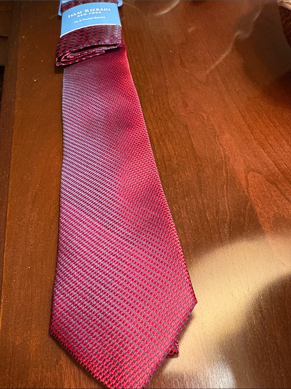 Isaac Mizrahi Red and Black Geometric Woven Tie with Pocket Square